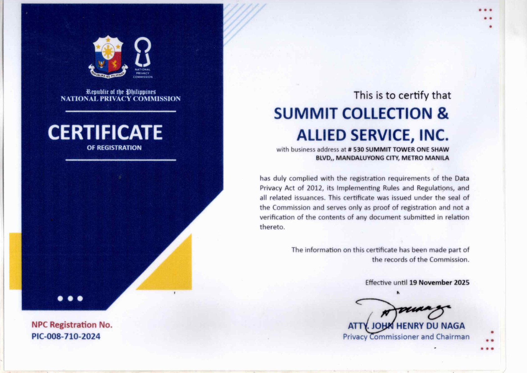 NPC Certificate of Registration